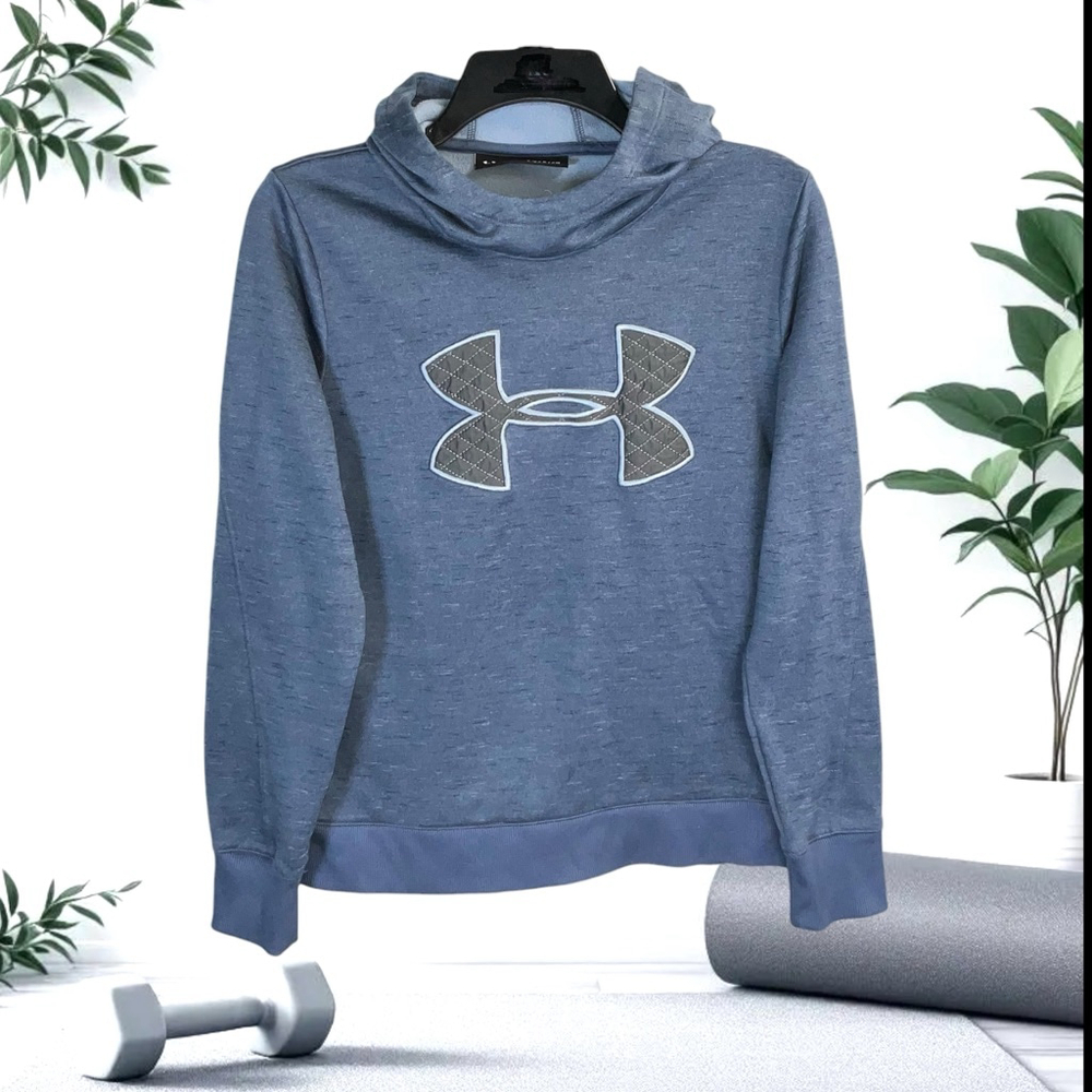 Under Armour Cold Gear Denim Gray Blue Hoodie w Black Quilted Logo Loose Women S